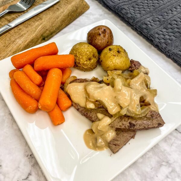 10 Liver & Onions, Mushroom Sauce, Roasted Potatoes & Veg.