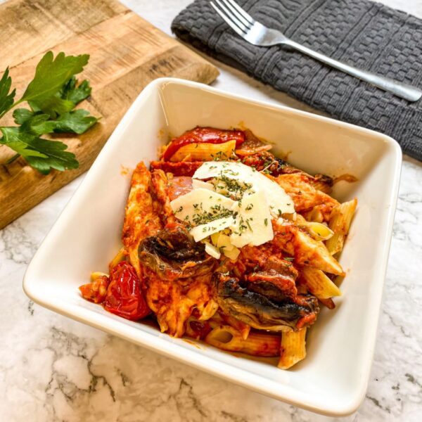 20 Grilled Chicken Parmesan Pasta, Baked Veggies & Bun.