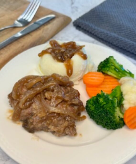 12 Salisbury Steak, Mushroom/Onion Gravy, Mash. Potatoes & Veg.