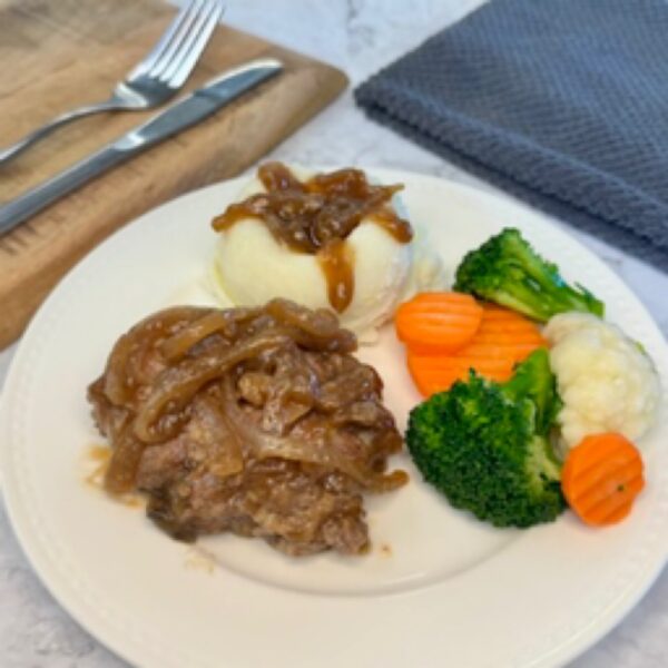 12 Salisbury Steak, Mushroom/Onion Gravy, Mash. Potatoes & Veg.