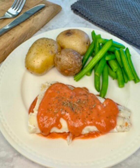 28 Haddock, Tomato Sauce, Roasted Potatoes & Veg.