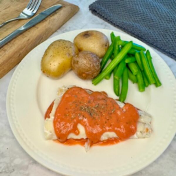 28 Haddock, Tomato Sauce, Roasted Potatoes & Veg.