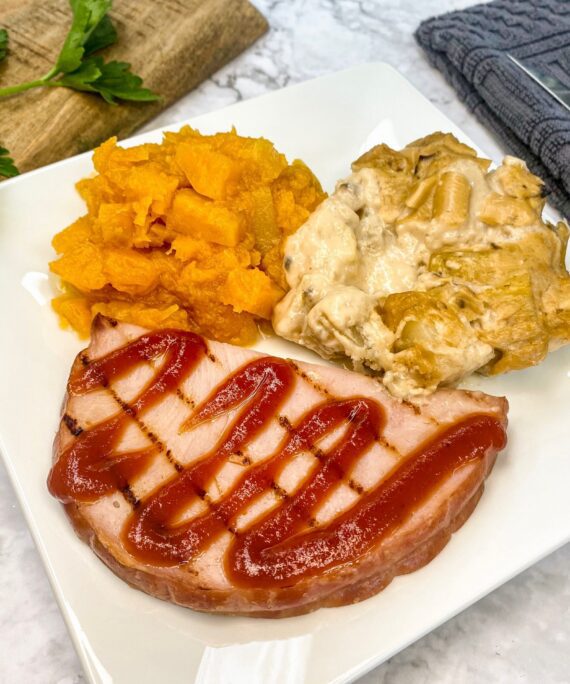 33 BBQ Ham Steak, Hashbrown Casserole & Veg.