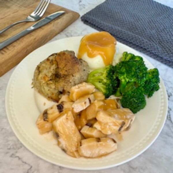 23 Chicken in Gravy, Stuffing, Mashed Potatoes & Veg.